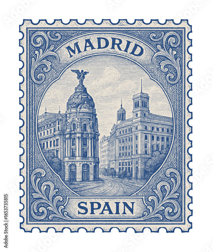 vintage postage stamp depicts madrid - spain (sketch drawing)