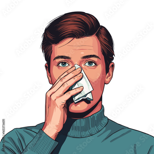 Man wiping nose with tissue while looking directly at camera in closeup  