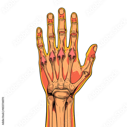 Human hand with arthritis swelling and visible bone structure  