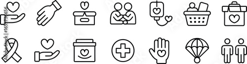 Charity icons, donation symbols, medical support, helping hands, volunteer aid, humanitarian care, social service, fundraising, giving love, community support, flat illustration