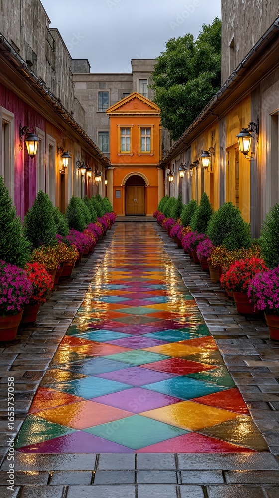 Fototapeta premium Dreamlike Alley in Rain with Colorful Prism Reflections