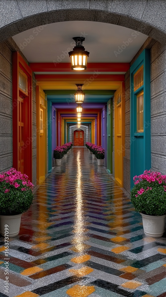 Fototapeta premium Colorful Alley with Rainy Reflections in Minimalist Style
