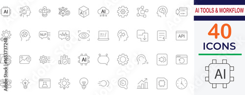 Modern AI tools and workflow line icon set featuring artificial intelligence, machine learning, and automation concepts. Perfect for technology, data science and innovative business solutions.
