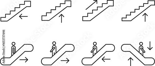Escalator and staircase icons, upward and downward arrows, people riding escalators, direction symbols, transportation signs, modern line art illustrations, vector set