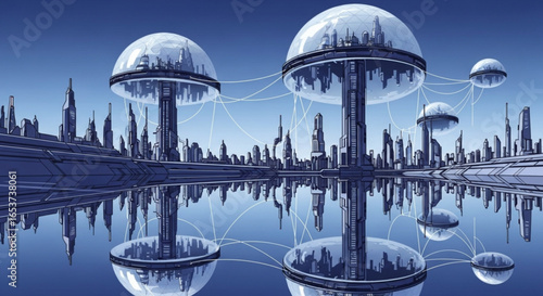 Futuristic city skyline with domes and reflections in water for science fiction concept art design