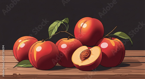 Still life drawing of fresh peaches on a wooden table, fruit illustration, healthy food, peach art