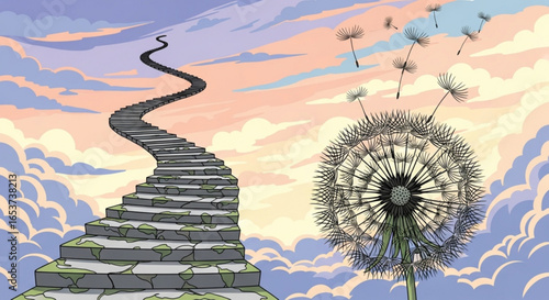 Stairway to heaven with dandelion seeds floating in the sky illustration artwork for inspiration