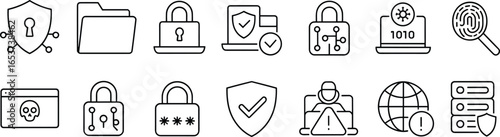 Cyber security icons, data protection, digital privacy, online safety, secure lock symbols, malware prevention, fingerprint authentication, encrypted storage, hacking warning, 