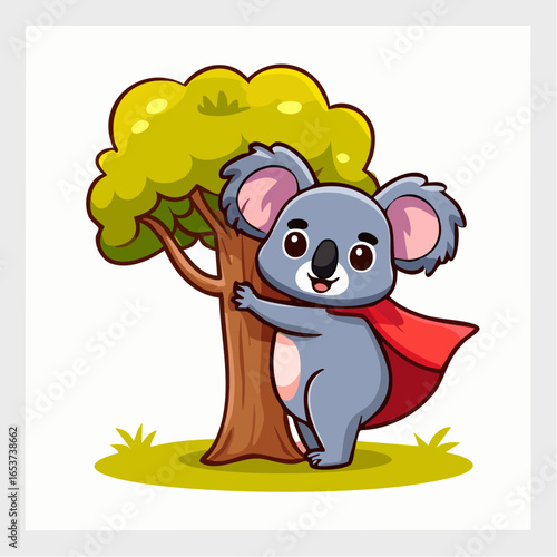 Adorable koala superhero cartoon character in a red cape, bravely hugging a tree. A cute and powerful marsupial protector mascot.
