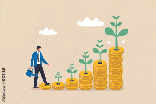 Businessman watering plants growing from stacks of coins representing financial growth and investment isolated on transparent background