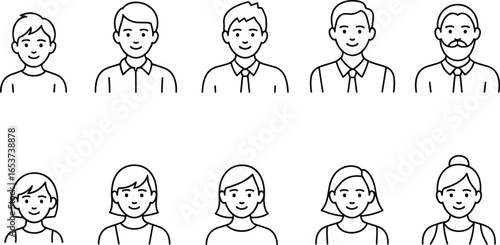 Diverse family avatars, male female portraits, different age characters, cartoon outline faces, people icons collection, simple vector illustration of generations