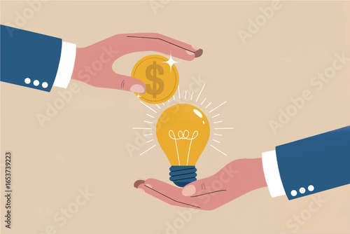 Businessmen exchanging a coin for a bright idea lightbulb isolated on transparent background