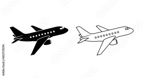 Airplane Designs Vector Illustrations of Passenger Aircraft in Flight, Representing Travel and Aviation