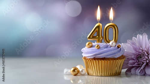 Festive and Elegant 40th Birthday Cupcake with Candles and Decorative Flowers