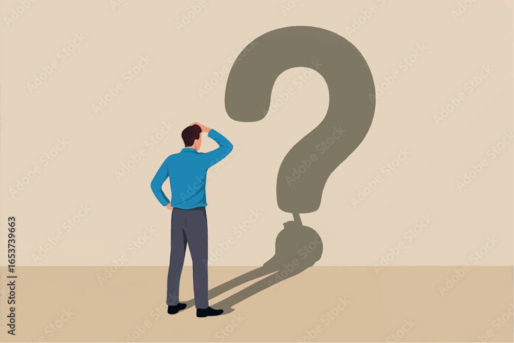 Man standing in front of a large question mark shadow contemplating a problem isolated on transparent background Man standing in front of a large question mark shadow contemplating a problem isolated on transparent background