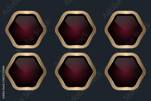 Group of SIX Luxury Red Hexagon Buttons with striking hexagonal design, smooth, glossy surface, and deep red-to-black gradient banner vector illustration