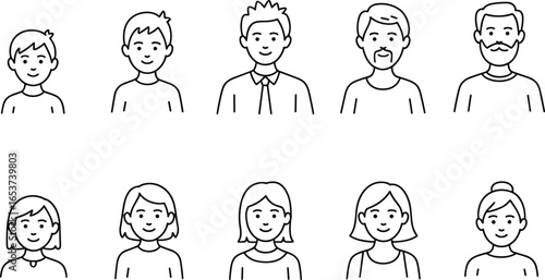 Family generations avatar icons, male female character faces, people portrait collection, diverse human head set, cartoon outline profile illustrations