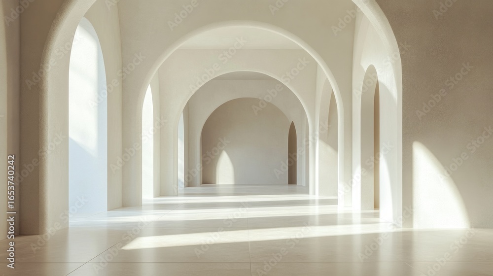 Fototapeta premium Empty sunlit arched hallway, minimalist architecture, interior design