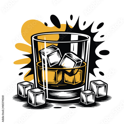 Glass of beer and whiskey vector illustration with ice and beverage elements