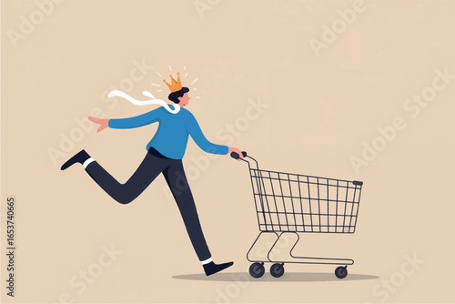 Man wearing a crown running with a shopping cart isolated on transparent background