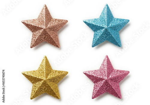 Four colorful glittery textured stars arranged in a square on a white background
