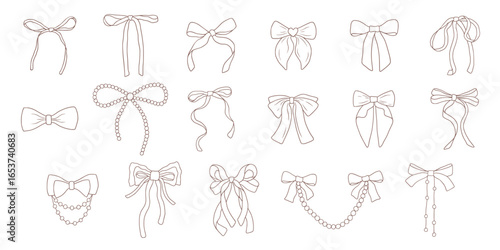 Hand drawn vector set of bow illustrations. Whimsical doodle bows. Trendy mocha mousse color.