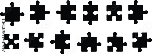 Collection of twelve unique black puzzle piece silhouettes in vector style for jigsaw games, problem‑solving, creativity, and design resources