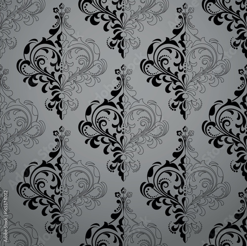 Wallpaper in the style of Baroque. Gray and black floral ornament. Seamless vector background. Graphic pattern for fabric, wallpaper, packaging. Ornate Damask flower illustration