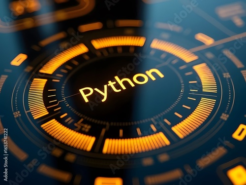 Dynamic orange hues illuminate a futuristic circular interface, horizontal composition. The word Python glows brightly at its center, creating a captivating visual for technology and coding concepts.