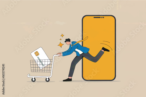 Man rushing with shopping cart from smartphone screen isolated on transparent background