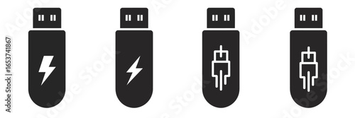 Set of USB flash drive icons with lightning bolt and cable symbols for data storage and transfer