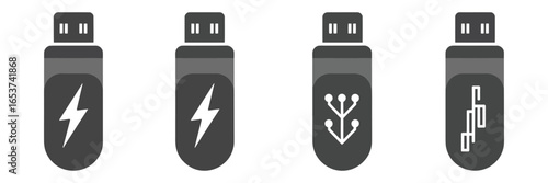 USB flash drives with different icons symbolizing power, connection, and data transfer concepts