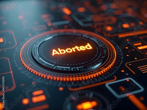 Futuristic interface design with vibrant orange accents and dark metallic textures creates a captivating visual, horizontal composition. The central element, the word Aborted.
