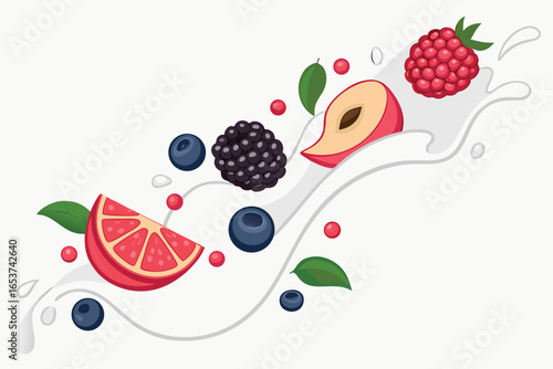 Fresh Berries and Citrus Fruit Splashing in Creamy White Liquid with Green Leaves berry