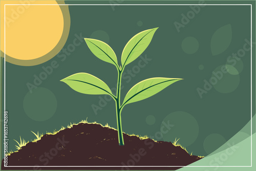 Green seedling growing from brown soil with yellow sun and abstract background plant growth