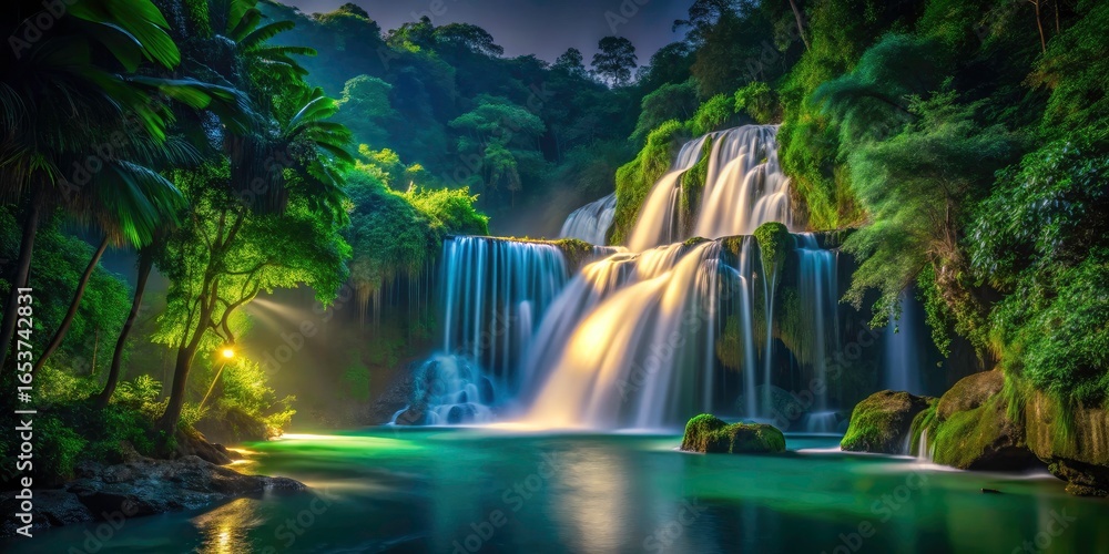 Obraz premium Philippines: night unveils a dark, moody waterfall, its water flowing smoothly amidst vibrant green nature.