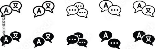 Language translation icons, chat bubble symbols, multilingual communication vector, speech dialogue signs, global conversation illustration, international message exchange, flat minimal design