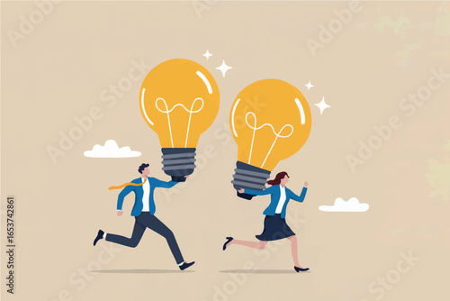 Two business people running with giant light bulbs representing innovation and new ideas isolated on transparent background