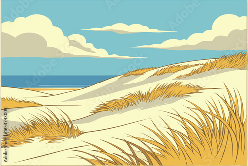 Stylized illustration of coastal sand dunes with sea and sky beach grass