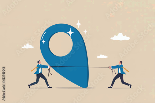 Two businessmen pulling a giant blue location pin with a rope on a light background isolated on transparent background