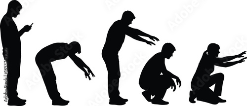 Silhouette vector illustration showing evolution of human posture from mobile phone usage to squatting positions for health, lifestyle, and ergonomic awareness