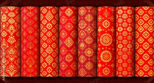 Red Gold Asian Floral Pattern Fabric Rolls Digital Prints for Commercial Use