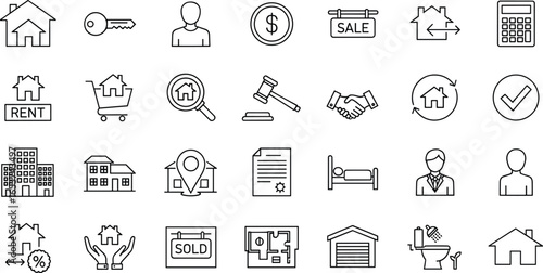 Real estate icons set, house rent symbols, property sale outline, mortgage finance, home investment, realtor services, housing market, building