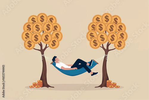 Businessman relaxing in a hammock between two money trees symbolizing financial success and passive income isolated on transparent background