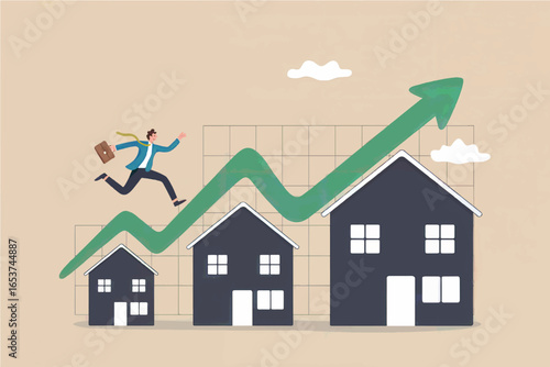Businessman running up a green arrow graph over houses representing real estate growth isolated on transparent background