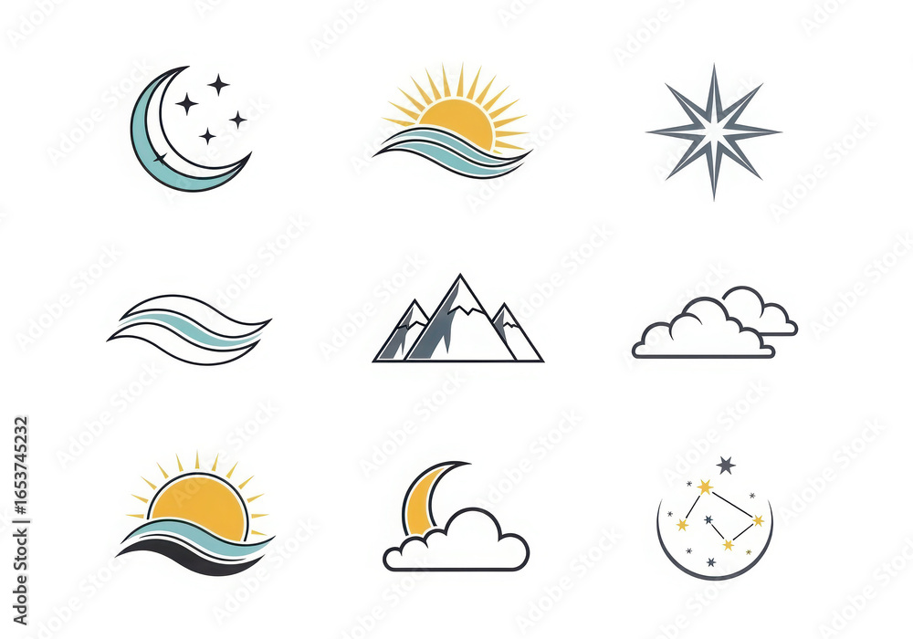 Obraz premium Collection of stylized weather and nature icons including sun moon clouds mountains and compass