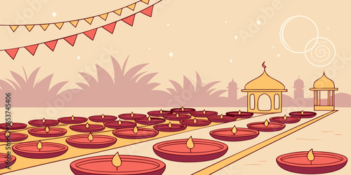 Radiant Diwali festival background with rows of diyas and dreamy Booker vector illustration.