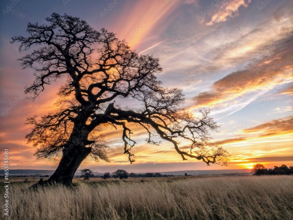 Obraz premium Majestic old oak tree silhouetted against a dramatic sunset sky