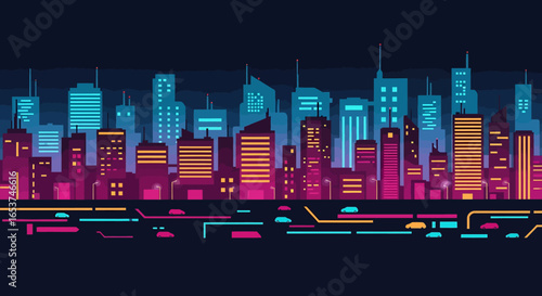 Modern Flat Style Cityscape At Night with Neon Highway Illustration