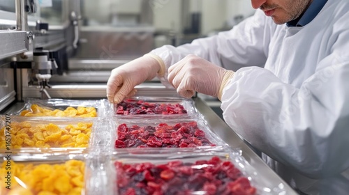 Factory worker packaging dried fruit in plastic trays; automated packaging line in background